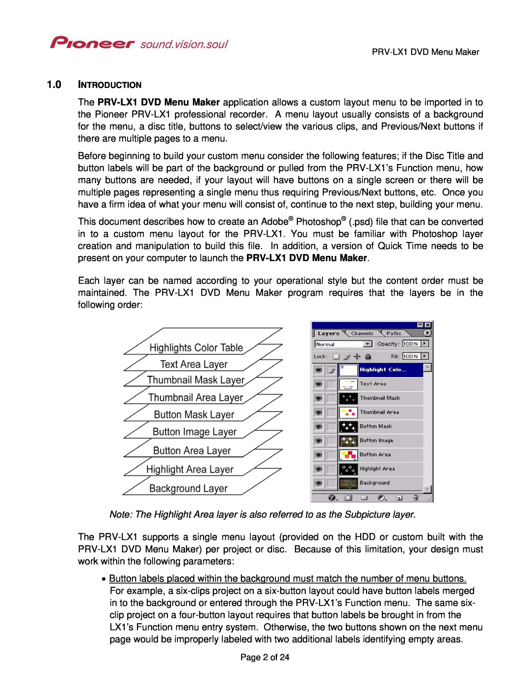 Pioneer manual PRV-LX1DVD Menu Maker, 1.0INTRODUCTION, Page 2 of 