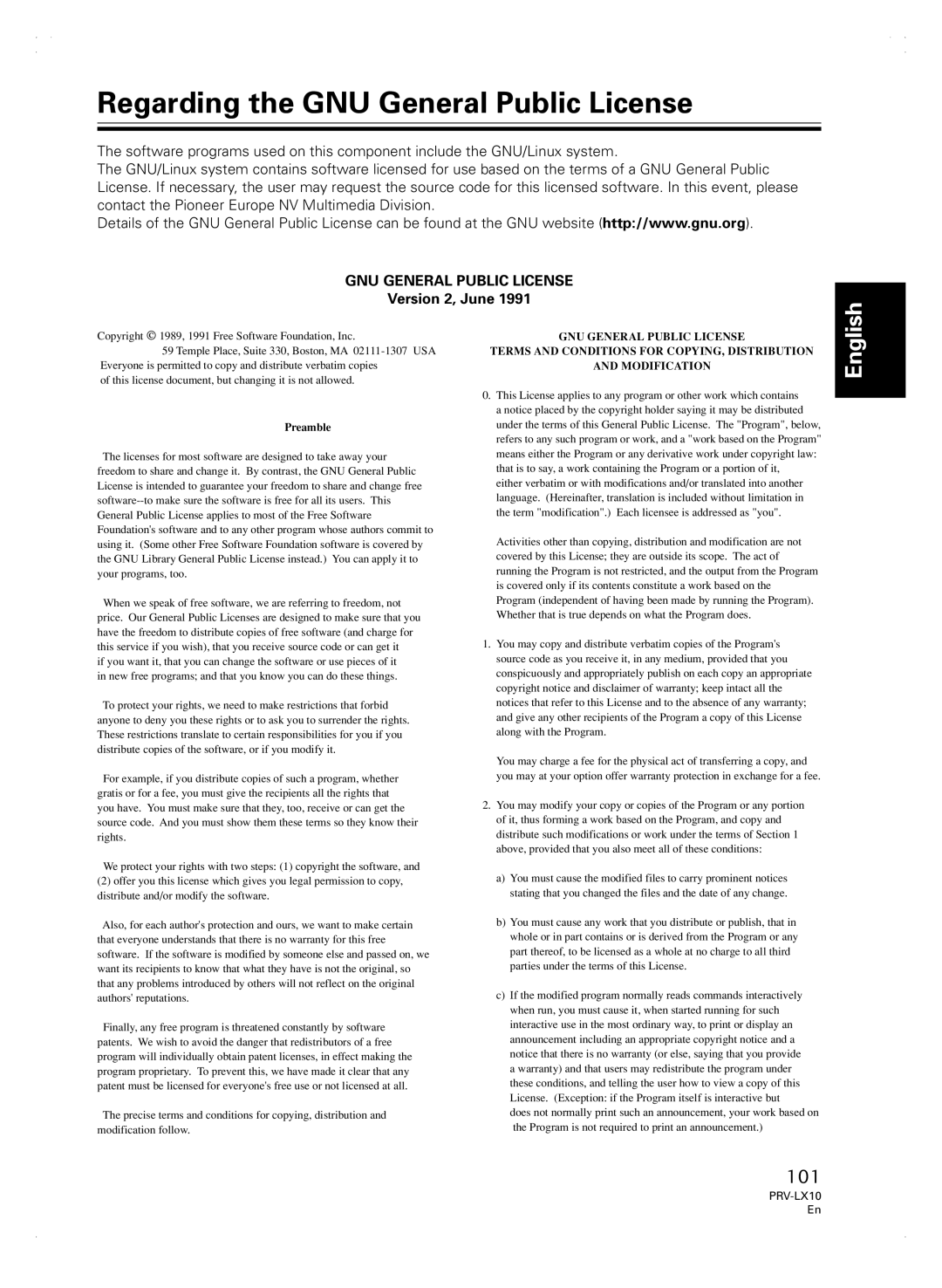 Pioneer PRV-LX10 manual Regarding the GNU General Public License, Version 2, June 