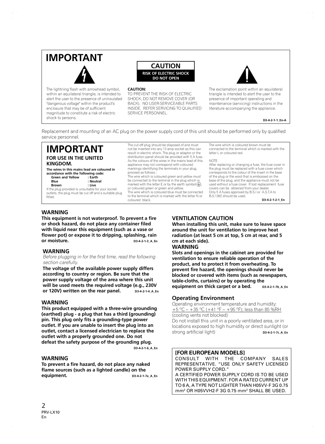 Pioneer PRV-LX10 manual Operating Environment, For USE in the United Kingdom 