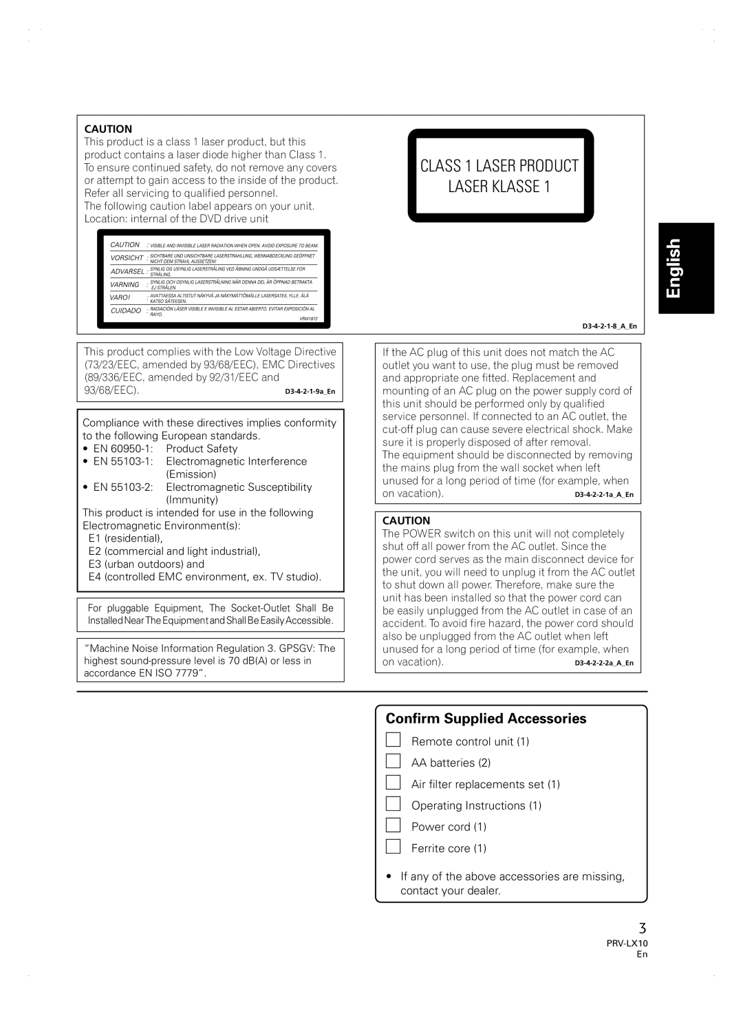 Pioneer PRV-LX10 manual English, Confirm Supplied Accessories 