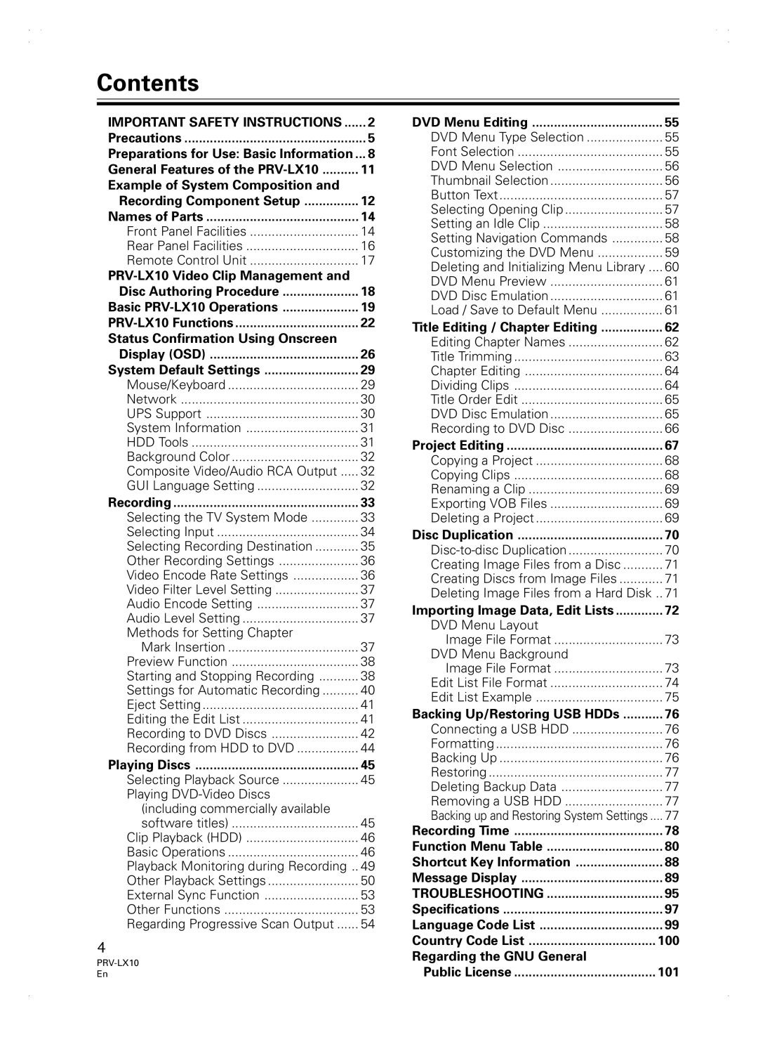 Pioneer PRV-LX10 manual Contents 