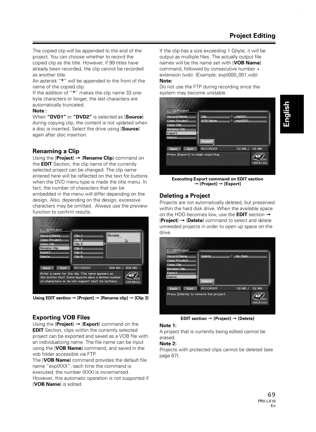 Pioneer PRV-LX10 manual Renaming a Clip, Deleting a Project, Exporting VOB Files 