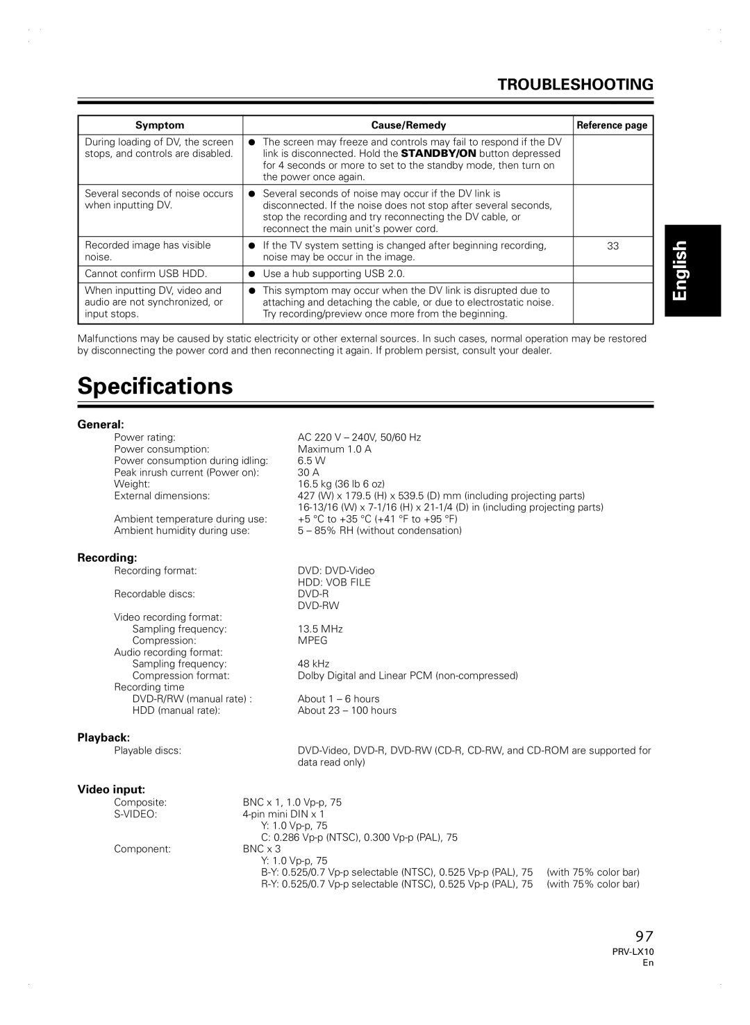 Pioneer PRV-LX10 manual Specifications, General, Playback, Video input 