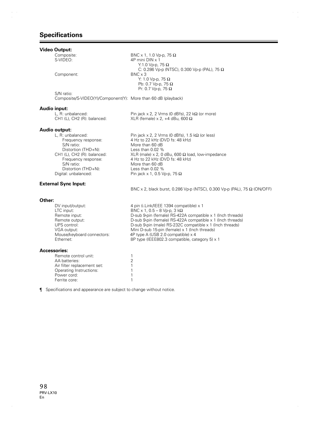 Pioneer PRV-LX10 manual Specifications 