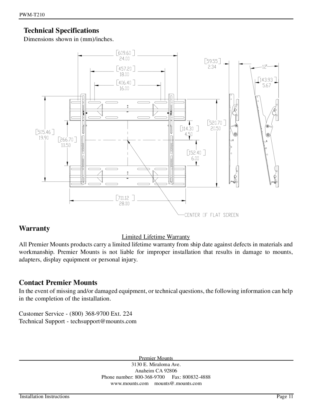 Pioneer PWM-T210 installation instructions Technical Specifications, Warranty, Contact Premier Mounts 