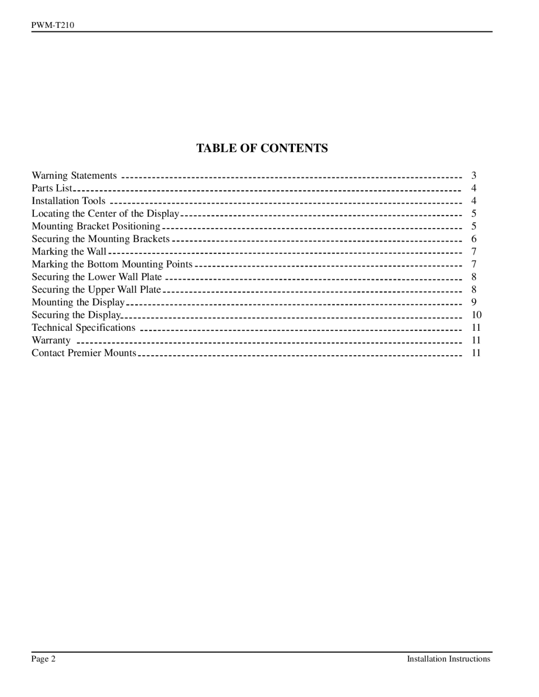 Pioneer PWM-T210 installation instructions Table of Contents 