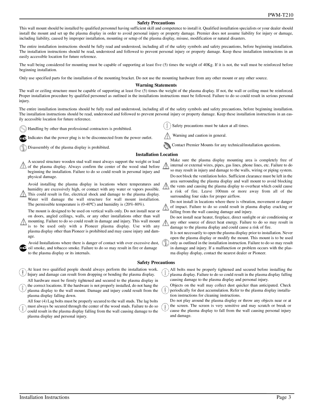 Pioneer PWM-T210 installation instructions Installation Instructions 