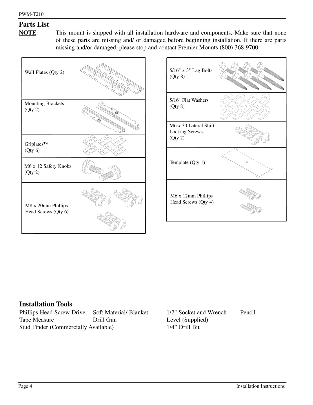 Pioneer PWM-T210 installation instructions Parts List, Installation Tools 