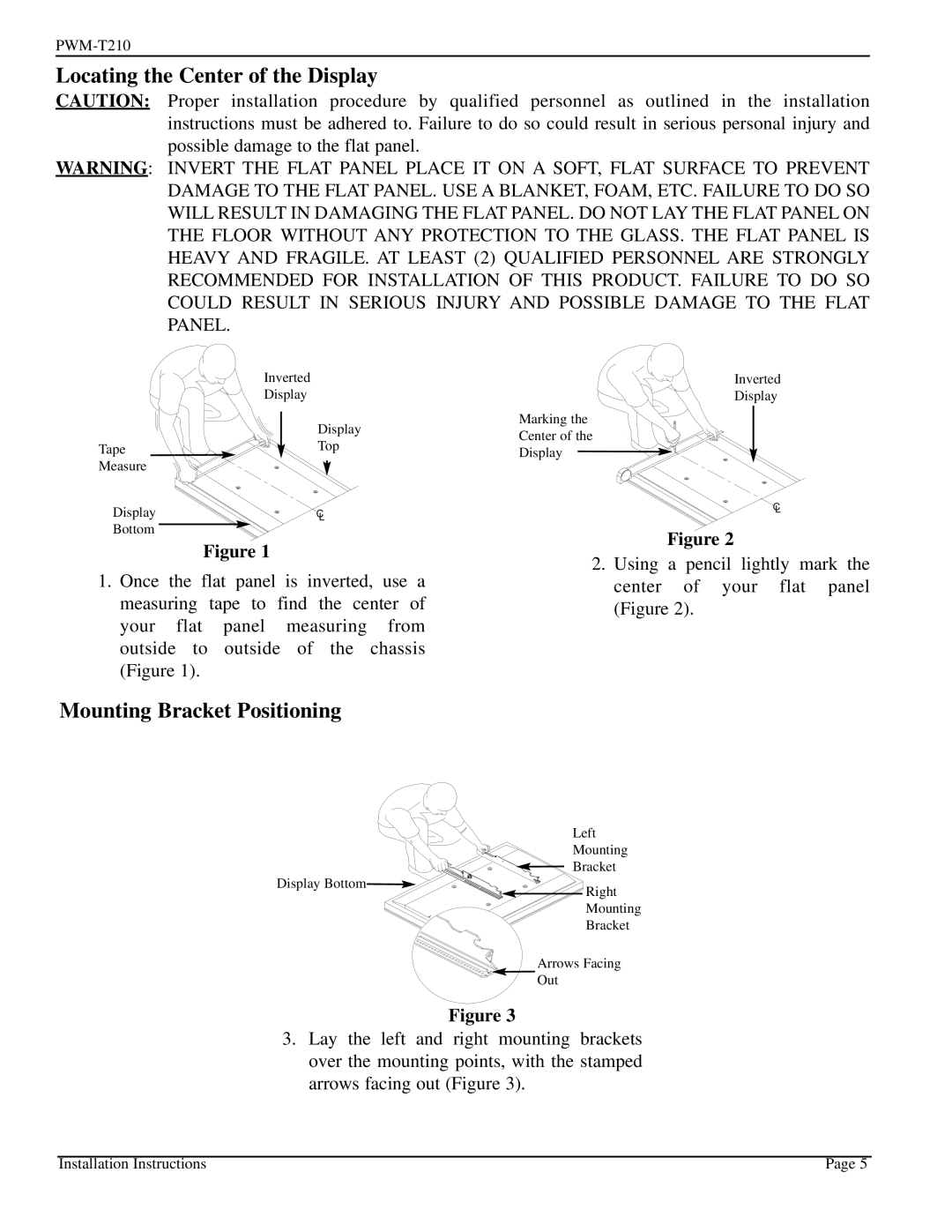 Pioneer PWM-T210 installation instructions Locating the Center of the Display, Mounting Bracket Positioning 