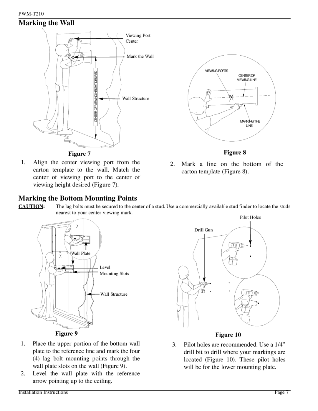 Pioneer PWM-T210 installation instructions Marking the Wall, Marking the Bottom Mounting Points 