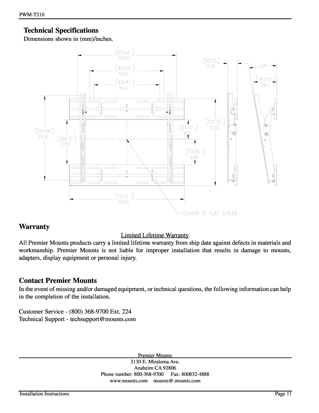 Pioneer PWM-T210 installation instructions Technical Specifications, Warranty, Contact Premier Mounts 