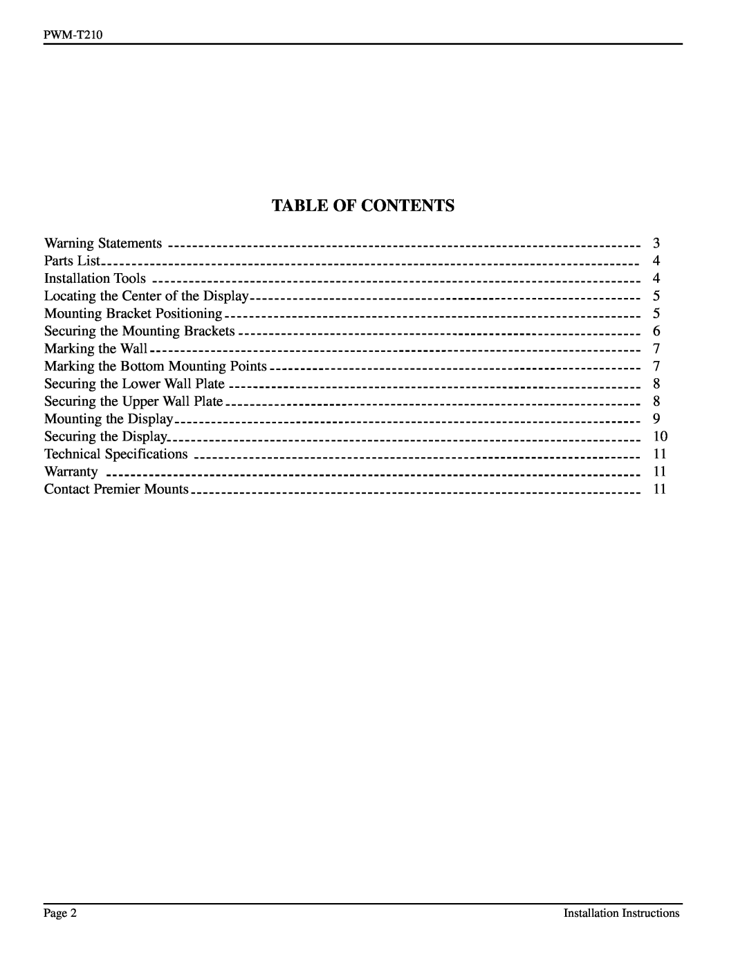 Pioneer PWM-T210 installation instructions Table Of Contents 