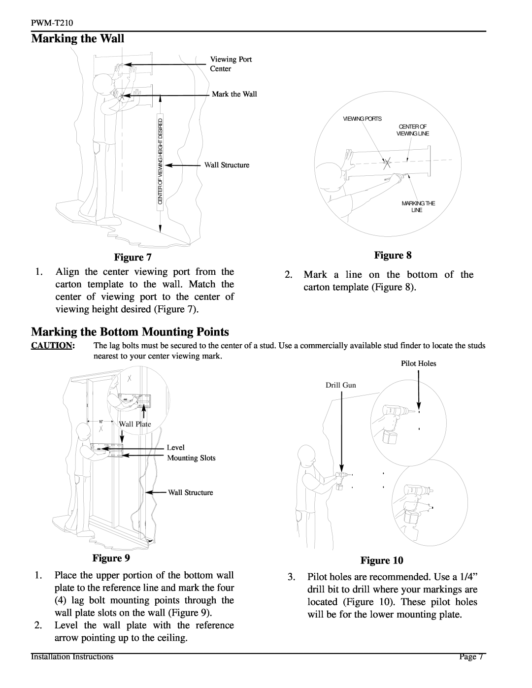 Pioneer PWM-T210 installation instructions Marking the Wall, Marking the Bottom Mounting Points 