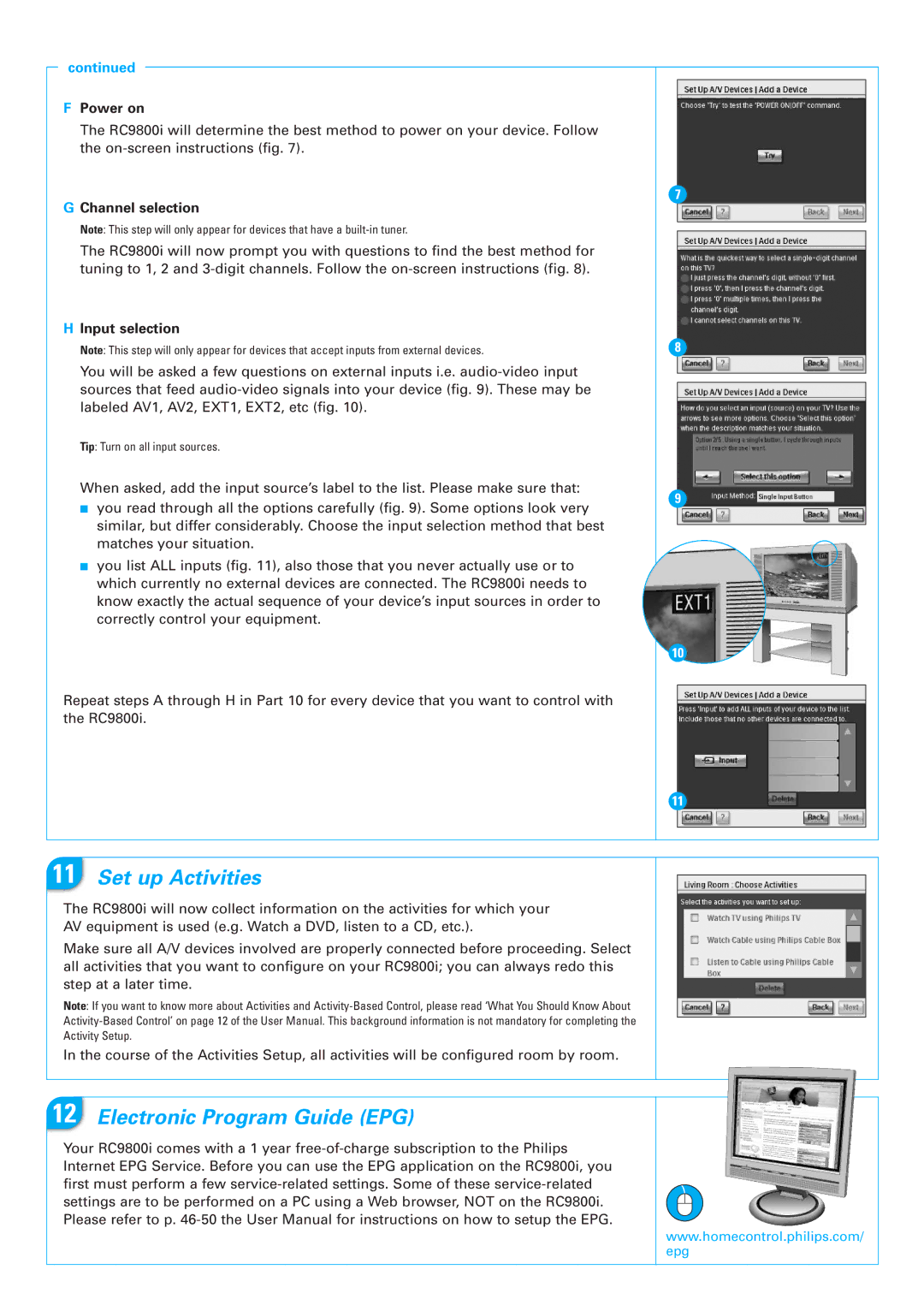 Pioneer RC9800I quick start Set up Activities, Electronic Program Guide EPG, Power on, Channel selection, Input selection 