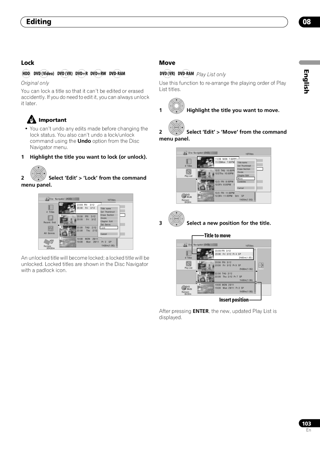 Pioneer RCS-606H, RCS-505H, RCS-404H manual Lock, Move, Title to move, Insert position 