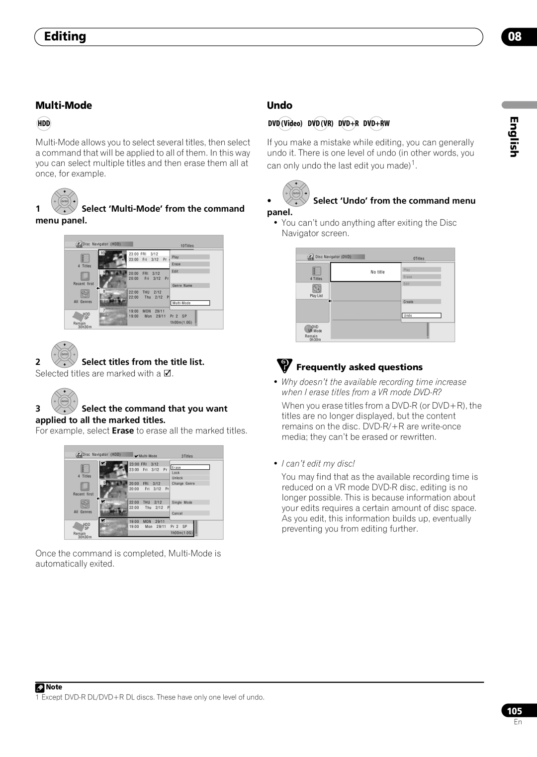 Pioneer RCS-505H, RCS-606H manual Undo, Select ‘Multi-Mode’ from the command menu panel, DVD Video DVD VR DVD+R DVD+RW 