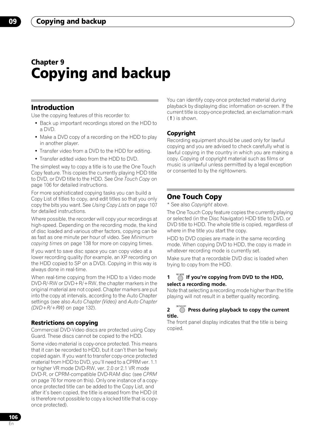 Pioneer RCS-606H, RCS-505H, RCS-404H Copying and backup Chapter, One Touch Copy, Restrictions on copying, Copyright 