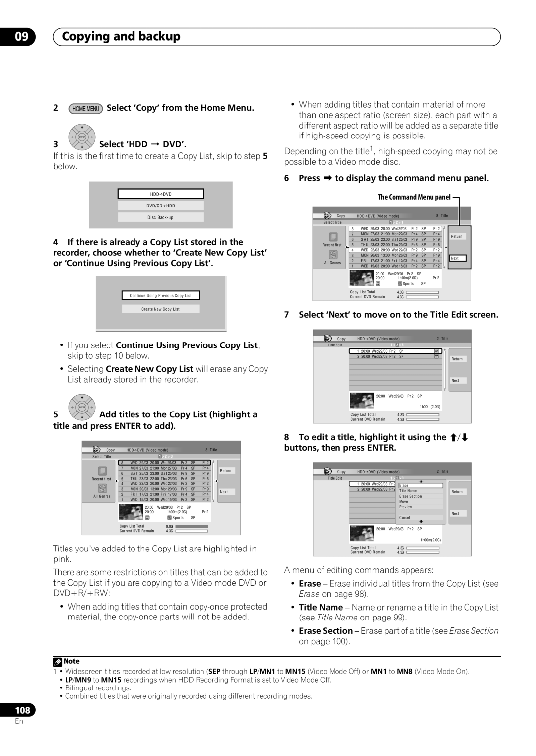 Pioneer RCS-505H, RCS-606H manual Select ‘HDD DVD’, Press to display the command menu panel, Title and press Enter to add 