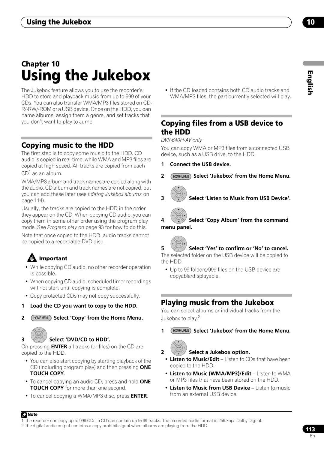 Pioneer RCS-404H, RCS-505H manual Using the Jukebox Chapter, Copying music to the HDD, Playing music from the Jukebox 