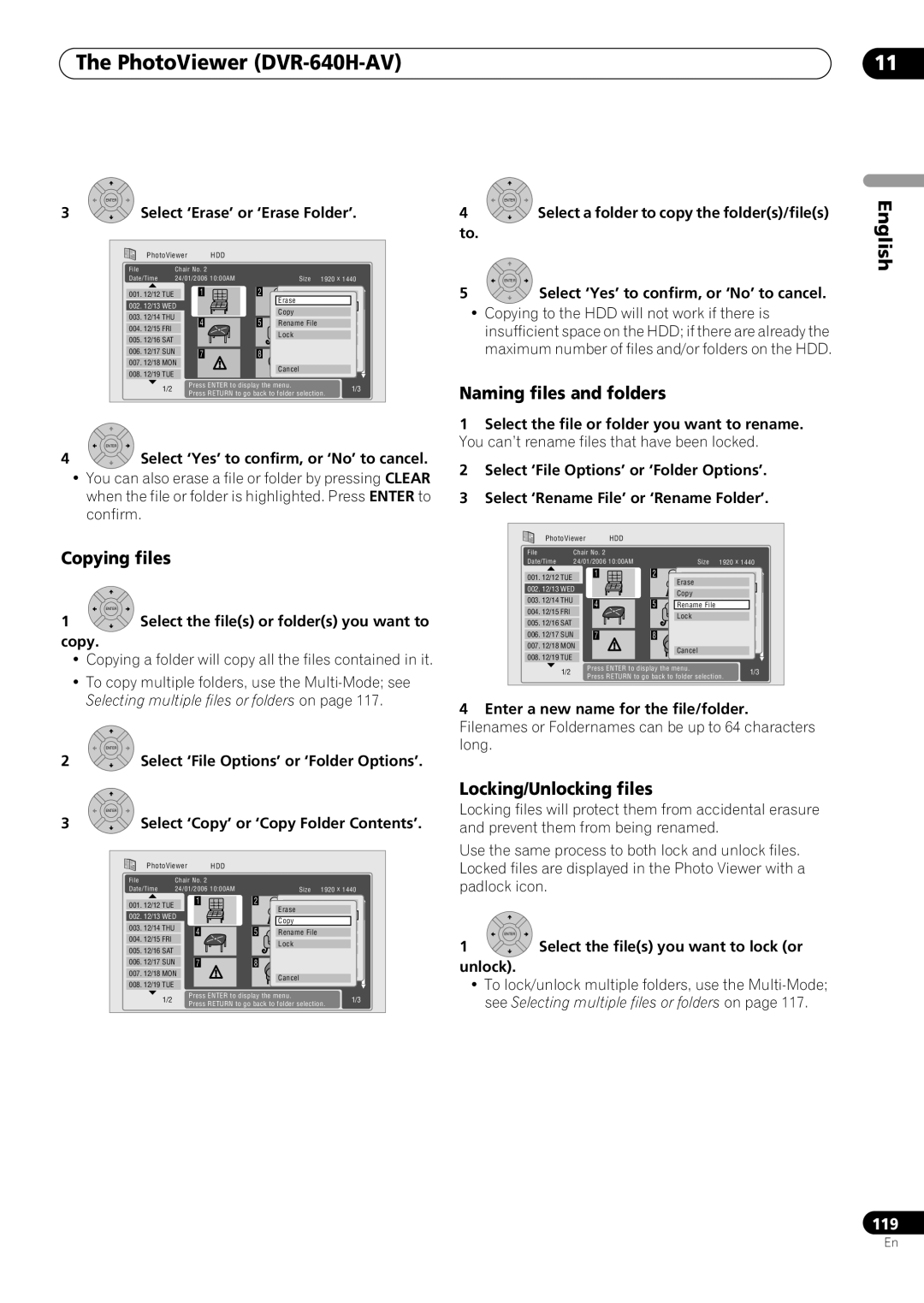 Pioneer RCS-404H, RCS-505H, RCS-606H manual Copying files, Naming files and folders, Locking/Unlocking files 