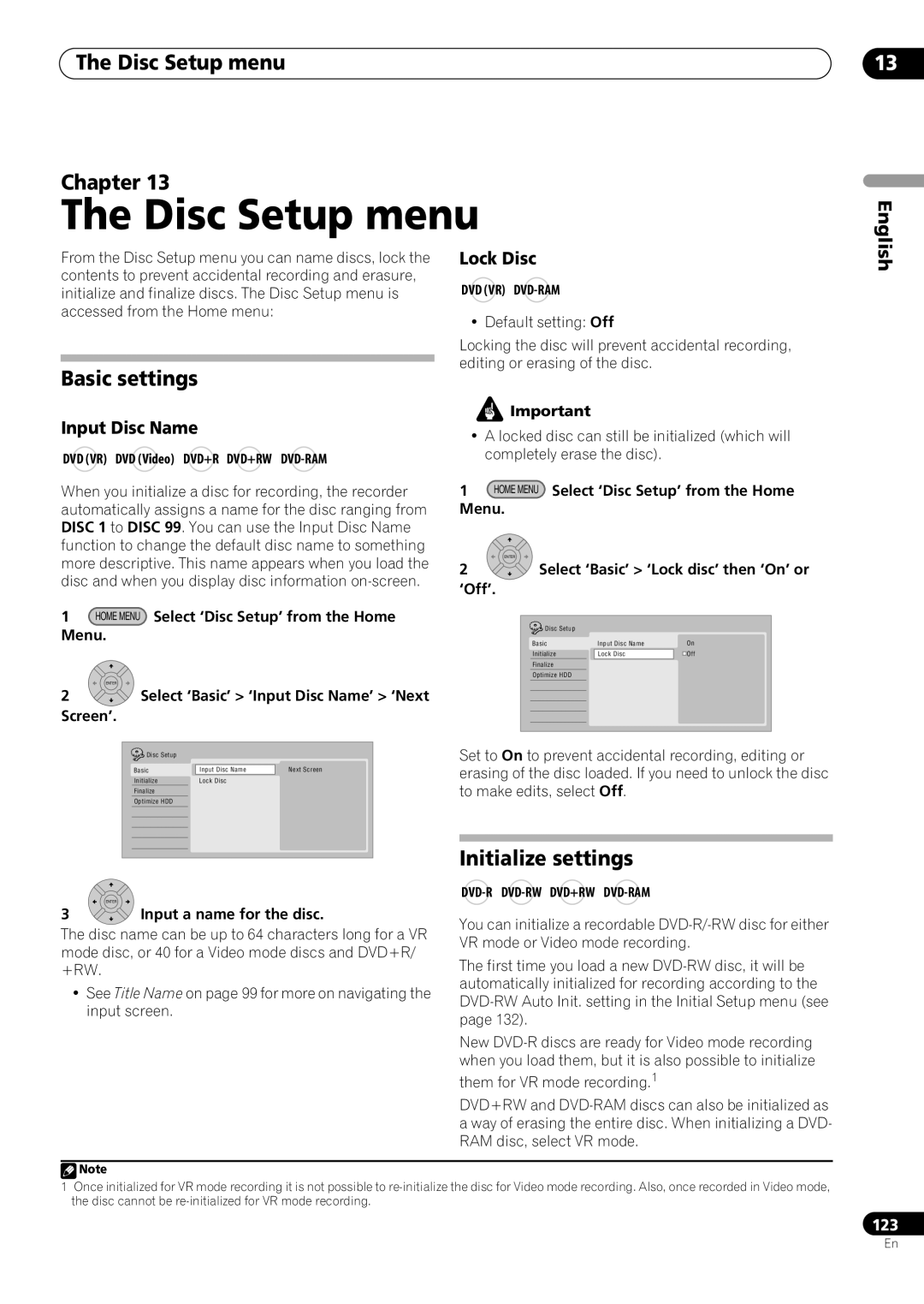 Pioneer RCS-505H, RCS-606H, RCS-404H manual Disc Setup menu Chapter, Basic settings, Initialize settings 