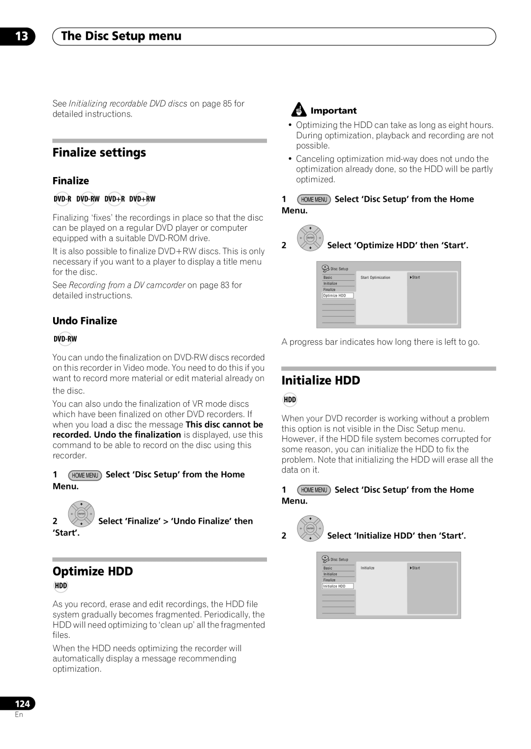 Pioneer RCS-606H, RCS-505H, RCS-404H manual Disc Setup menu, Finalize settings, Optimize HDD, Initialize HDD 