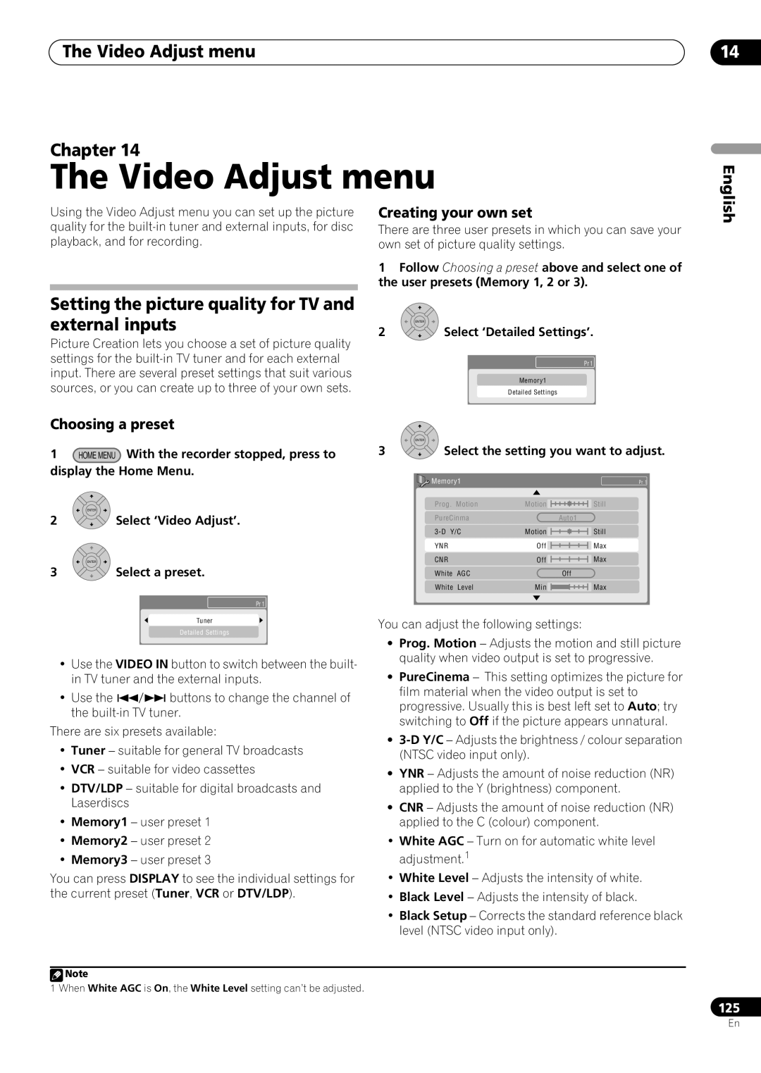 Pioneer RCS-404H Video Adjust menu Chapter, Setting the picture quality for TV External inputs, Creating your own set 