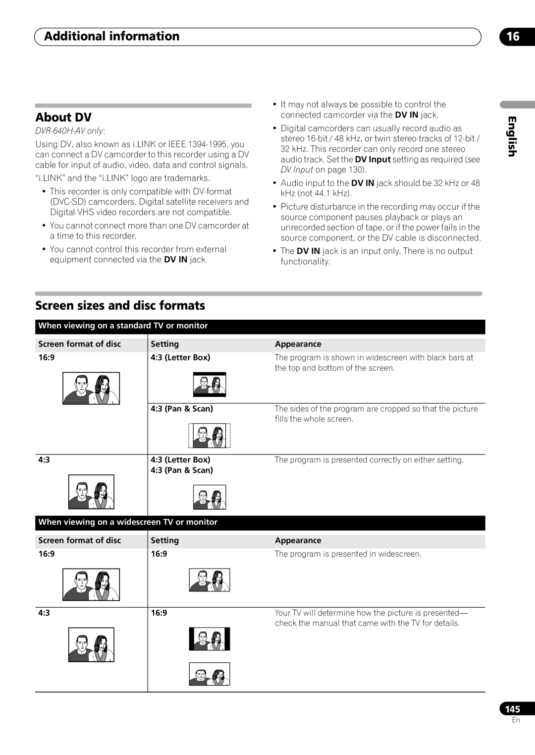 Pioneer RCS-606H Additional information About DV, Screen sizes and disc formats, When viewing on a standard TV or monitor 