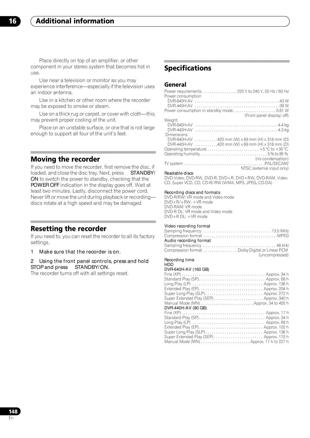 Pioneer RCS-606H, RCS-505H manual Moving the recorder, Resetting the recorder, Recorder turns off with all settings reset 