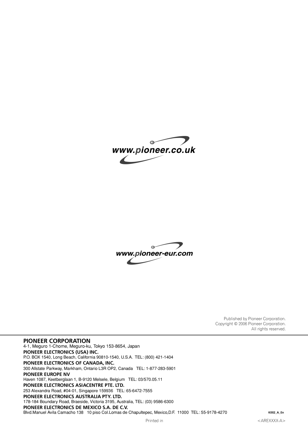 Pioneer RCS-404H, RCS-505H, RCS-606H manual Pioneer Corporation 