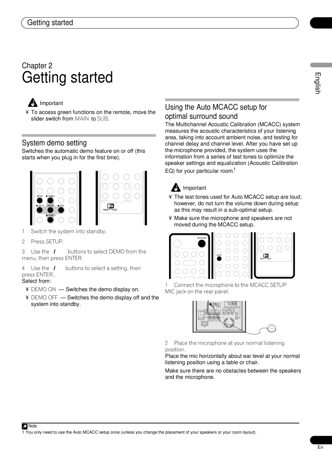 Pioneer RCS-404H Getting started Chapter, System demo setting, Using the Auto Mcacc setup for optimal surround sound 