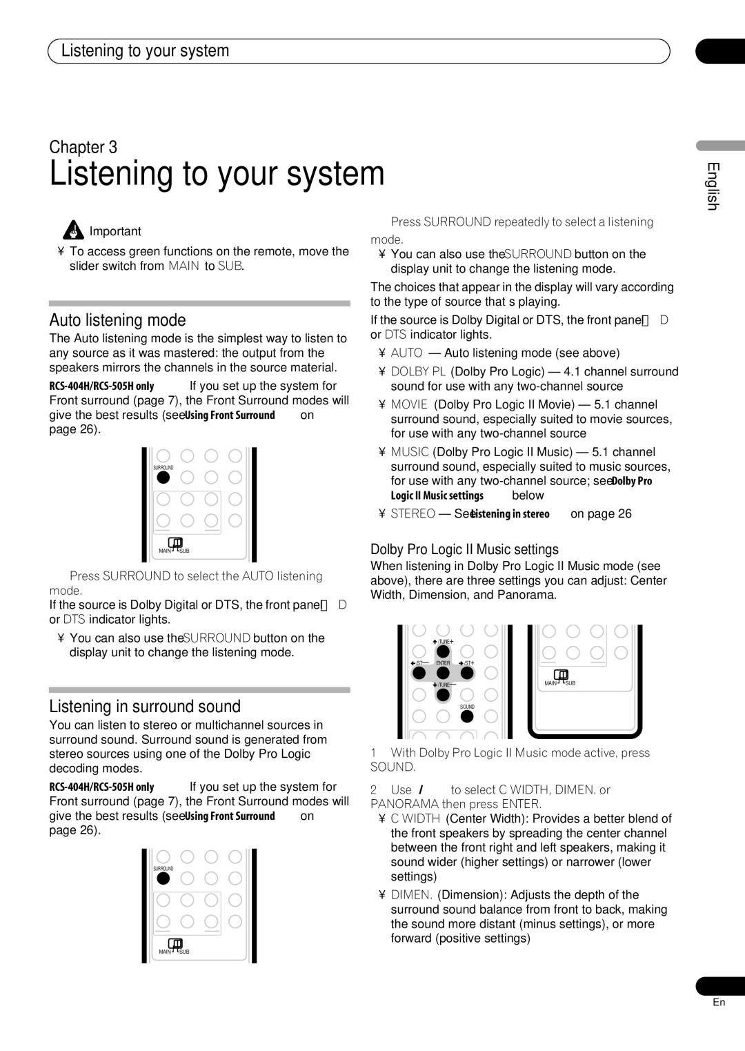 Pioneer RCS-606H, RCS-505H, RCS-404H Listening to your system Chapter, Auto listening mode, Listening in surround sound 