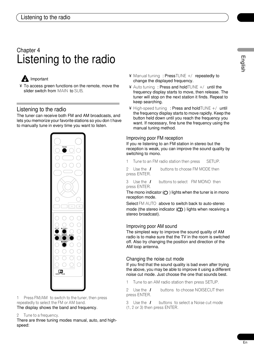 Pioneer RCS-404H, RCS-505H, RCS-606H manual Listening to the radio Chapter 