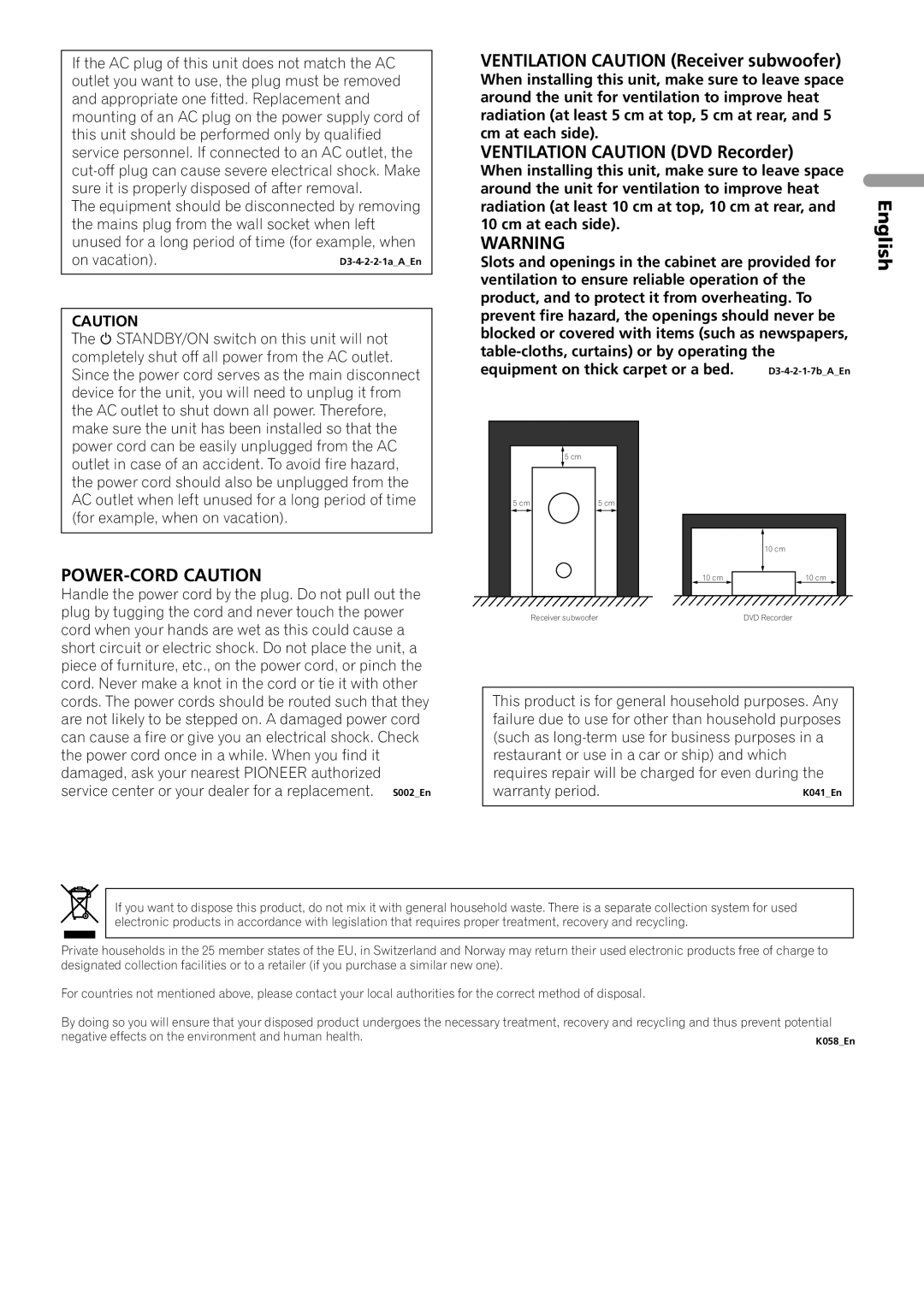 Pioneer RCS-505H, RCS-606H, RCS-404H manual Ventilation Caution Receiver subwoofer, Ventilation Caution DVD Recorder 