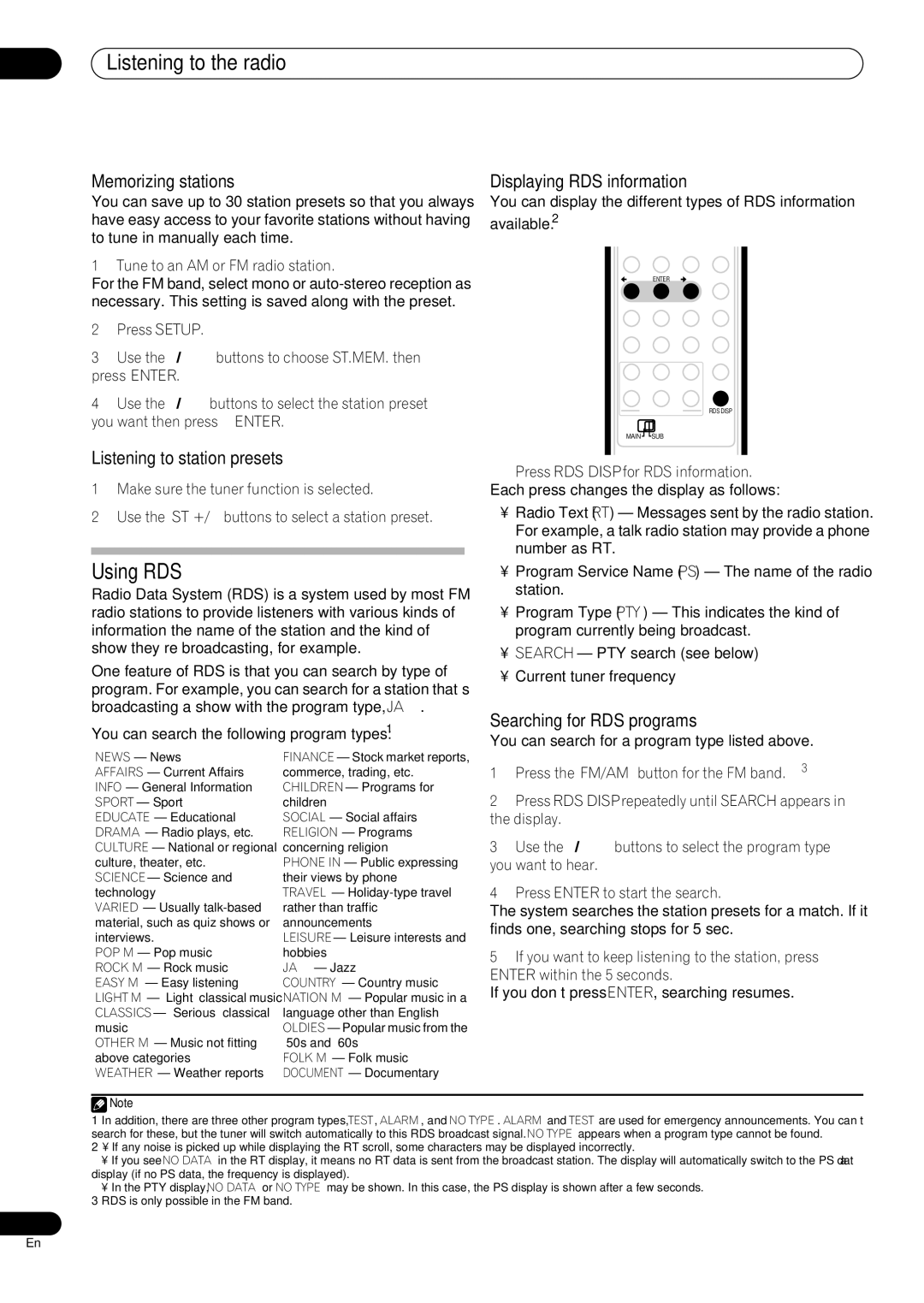 Pioneer RCS-505H, RCS-606H manual Using RDS, Memorizing stations, Listening to station presets, Displaying RDS information 