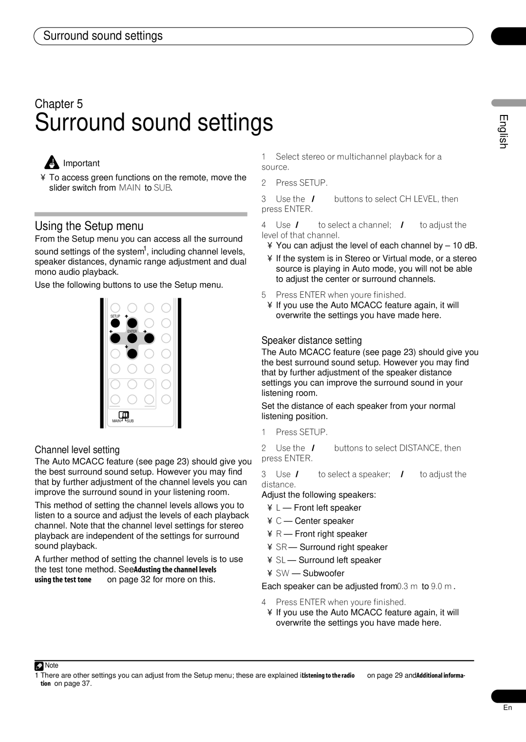 Pioneer RCS-606H, RCS-505H, RCS-404H manual Surround sound settings Chapter, Using the Setup menu, Channel level setting 