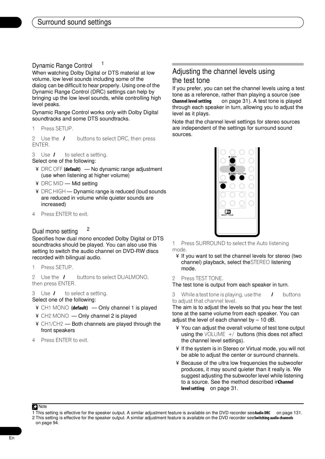 Pioneer RCS-404H manual Surround sound settings, Adjusting the channel levels using the test tone, Dynamic Range Control1 