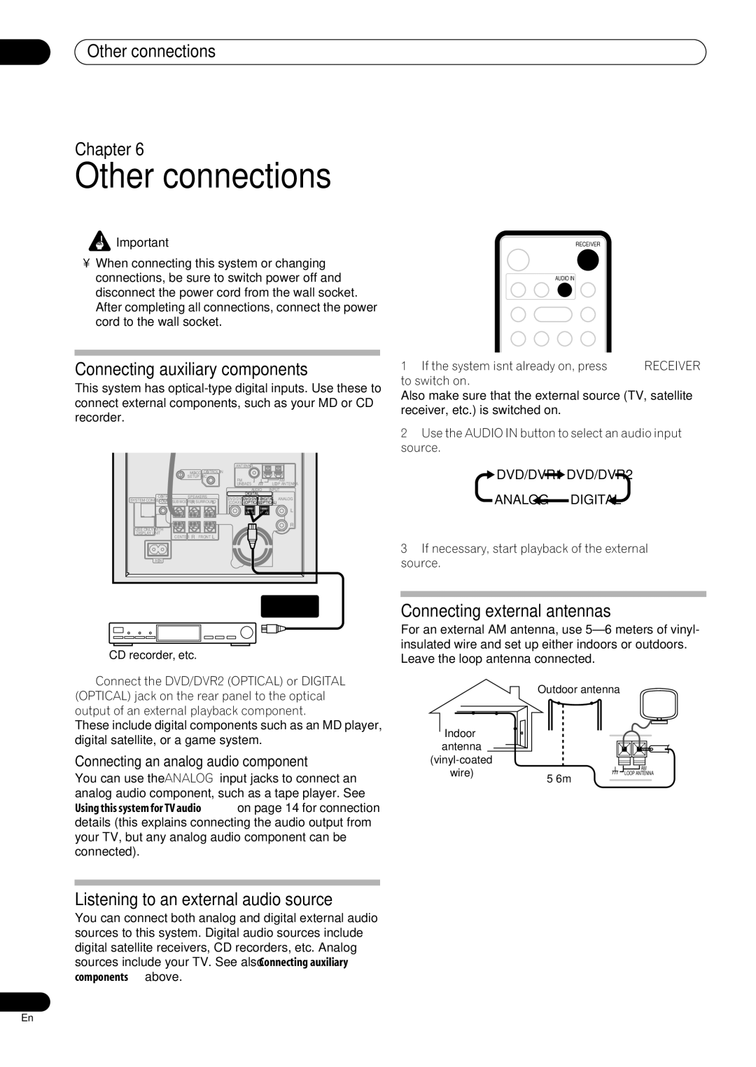 Pioneer RCS-606H Other connections Chapter, Connecting auxiliary components, Listening to an external audio source 