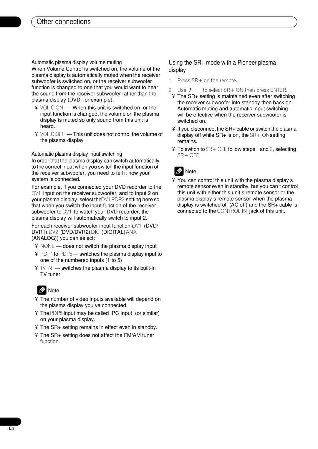 Pioneer RCS-505H, RCS-606H manual Using the SR+ mode with a Pioneer plasma display, Automatic plasma display volume muting 