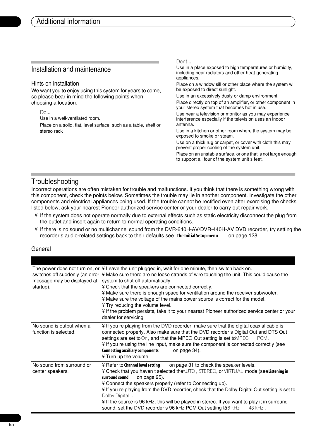 Pioneer RCS-404H Additional information Installation and maintenance, Troubleshooting, Hints on installation, General, Pcm 