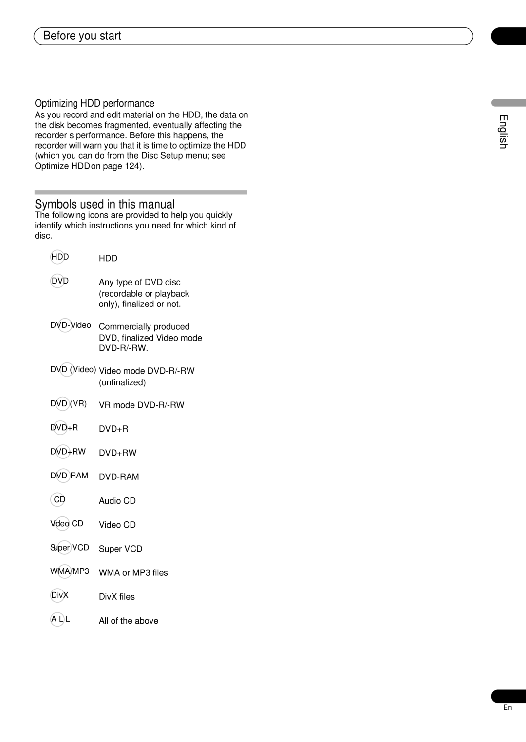 Pioneer RCS-606H, RCS-505H, RCS-404H Symbols used in this manual, Optimizing HDD performance 