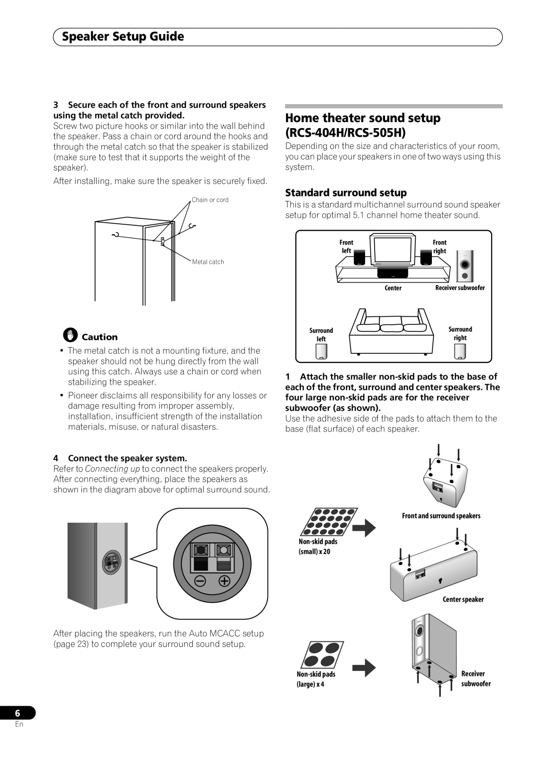 Pioneer RCS-606H manual Speaker Setup Guide, Home theater sound setup RCS-404H/RCS-505H, Standard surround setup 