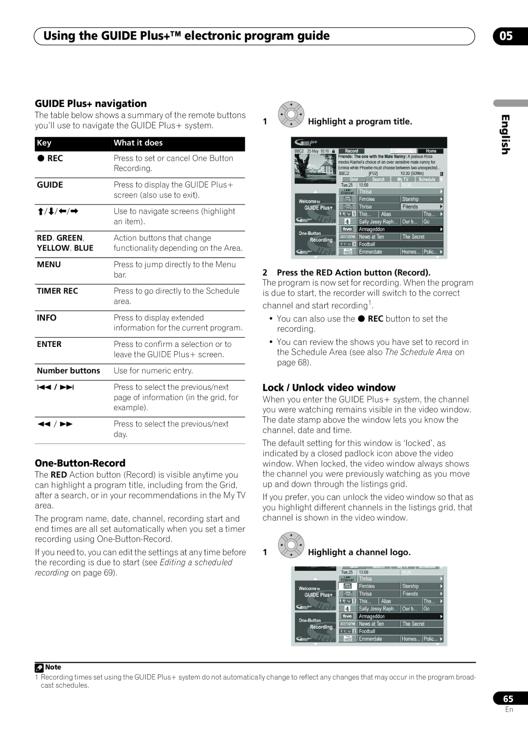 Pioneer RCS-404H, RCS-505H manual Using the Guide Plus+ electronic program guide, Guide Plus+ navigation, One-Button-Record 