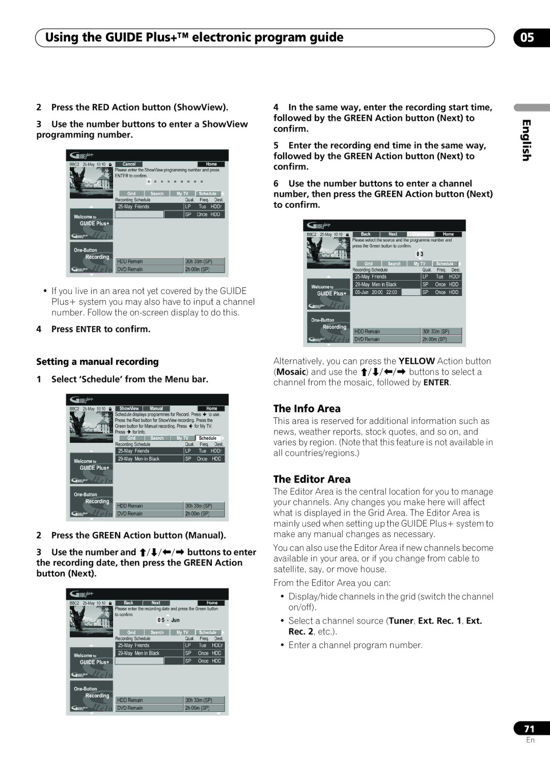 Pioneer RCS-404H, RCS-505H, RCS-606H Info Area, Editor Area, Setting a manual recording 