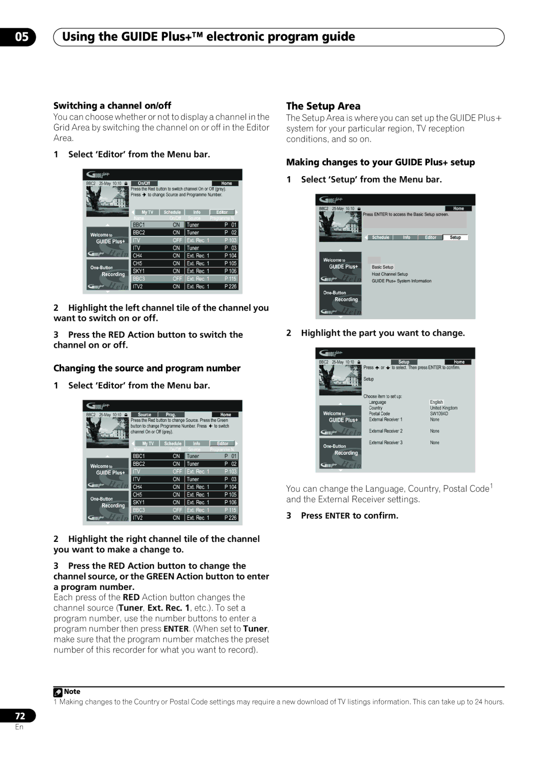 Pioneer RCS-505H, RCS-606H, RCS-404H manual Setup Area, Switching a channel on/off, Changing the source and program number 