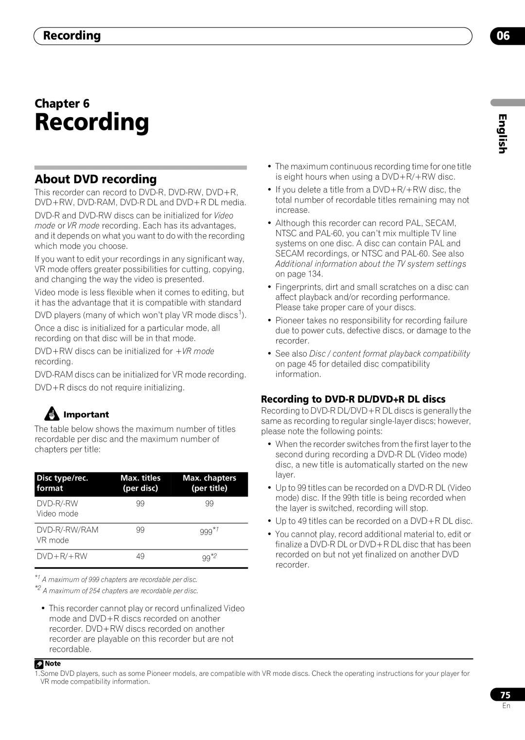 Pioneer RCS-505H, RCS-606H, RCS-404H manual Recording Chapter, About DVD recording, Recording to DVD-R DL/DVD+R DL discs 