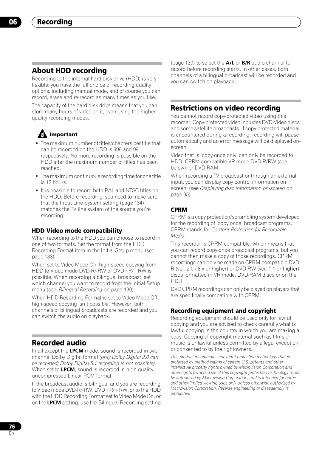 Pioneer RCS-606H, RCS-505H, RCS-404H manual Recording About HDD recording, Recorded audio, Restrictions on video recording 