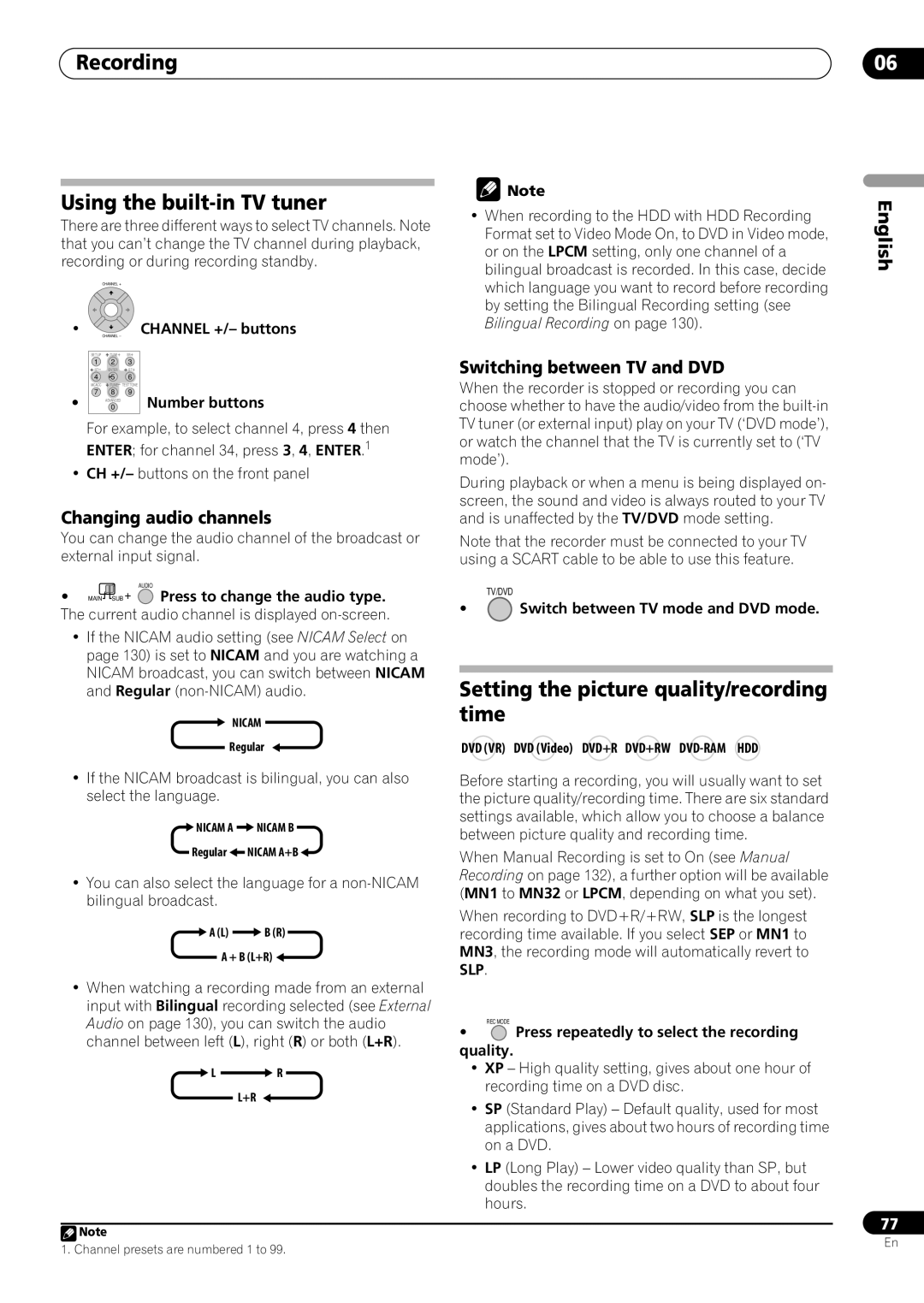 Pioneer RCS-404H, RCS-505H, RCS-606H manual Recording Using the built-in TV tuner, Setting the picture quality/recording time 