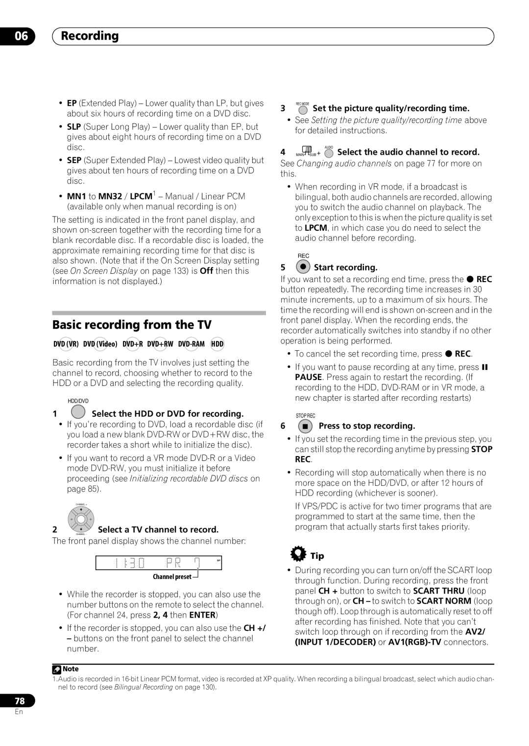 Pioneer RCS-505H, RCS-606H, RCS-404H manual Recording, Basic recording from the TV 