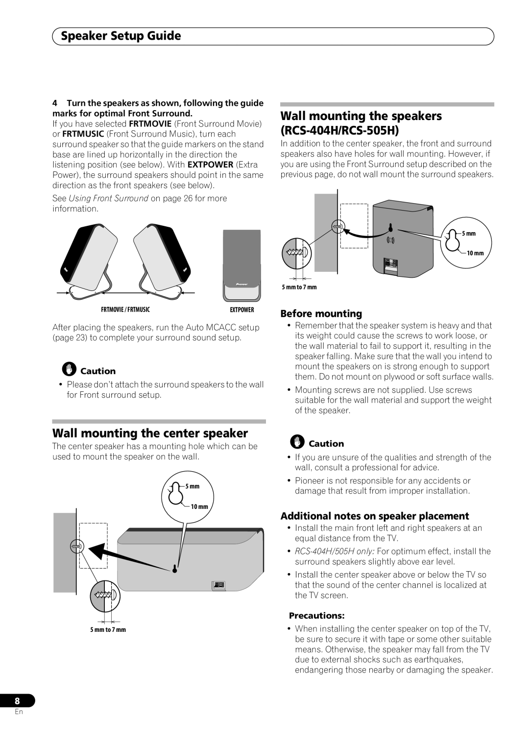 Pioneer Wall mounting the center speaker, Wall mounting the speakers RCS-404H/RCS-505H, Before mounting, Precautions 